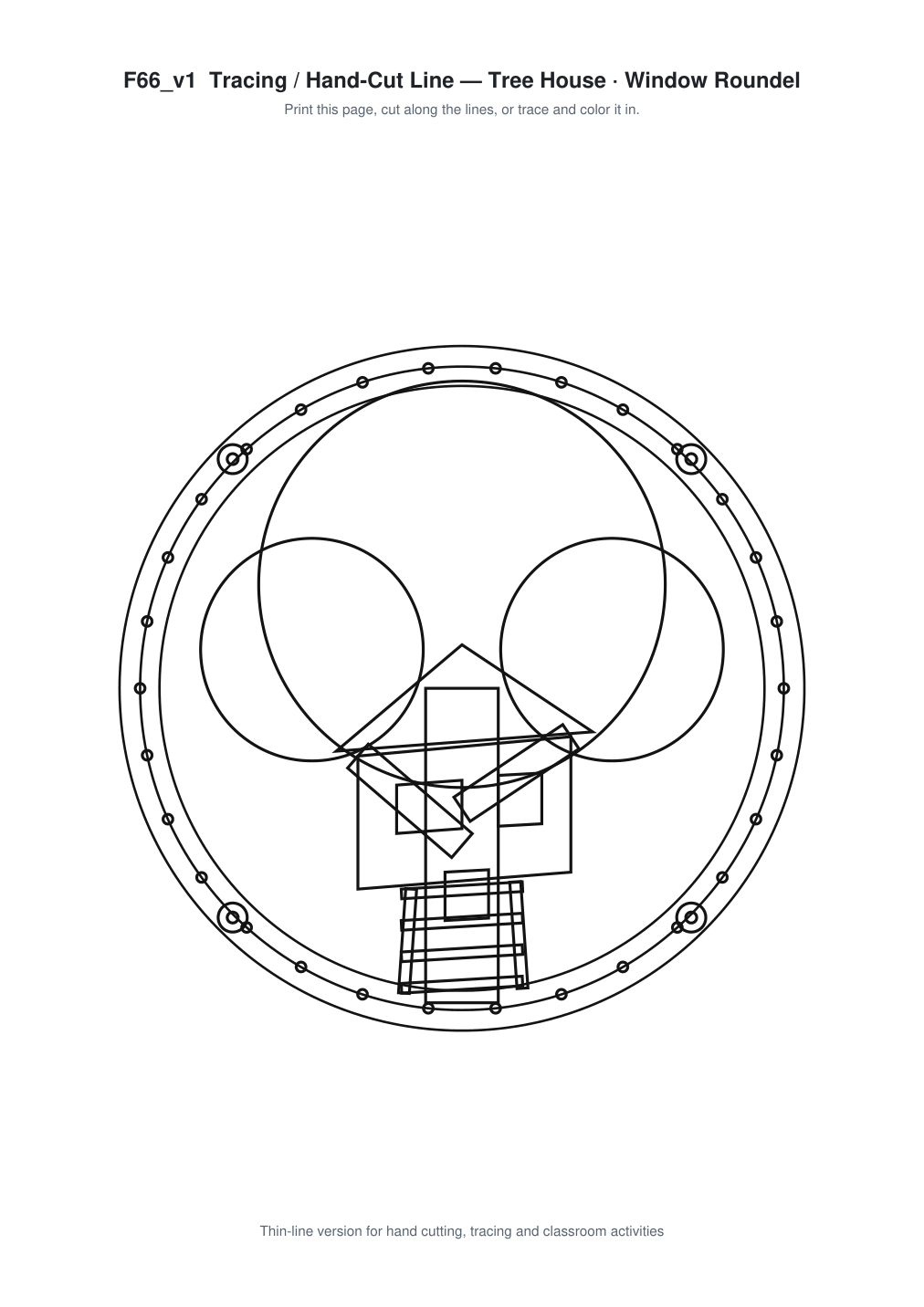 Tree House Window Roundel Paper Cut - Free SVG + PDF Pack - line art