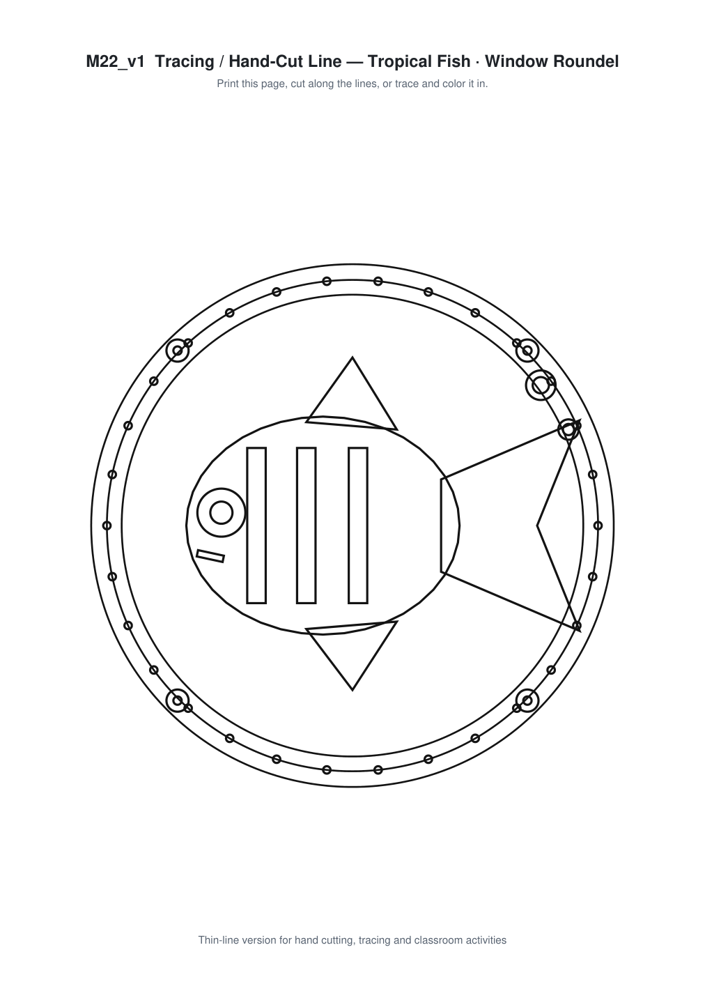 Tropical Fish Window Roundel Paper Cut - Free SVG + PDF Pack - line art
