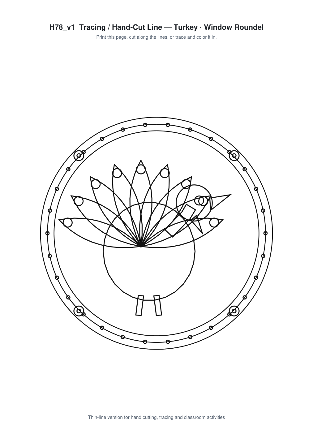 Turkey Window Roundel Paper Cut - Free SVG + PDF Pack - line art
