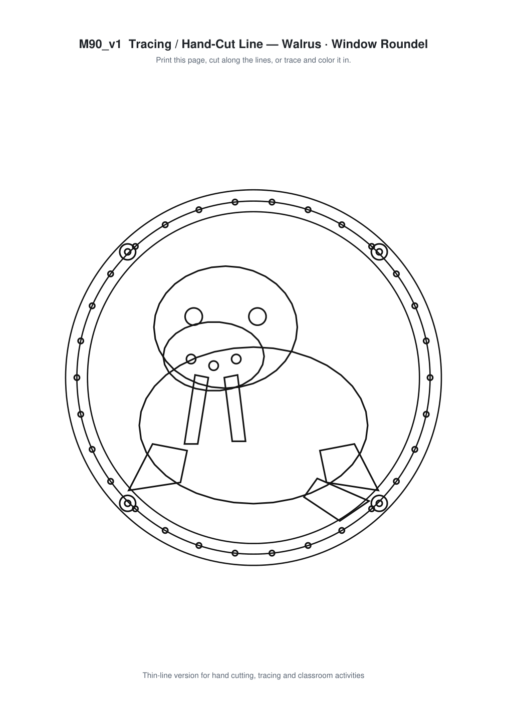 Walrus Window Roundel Paper Cut - Free SVG + PDF Pack - line art