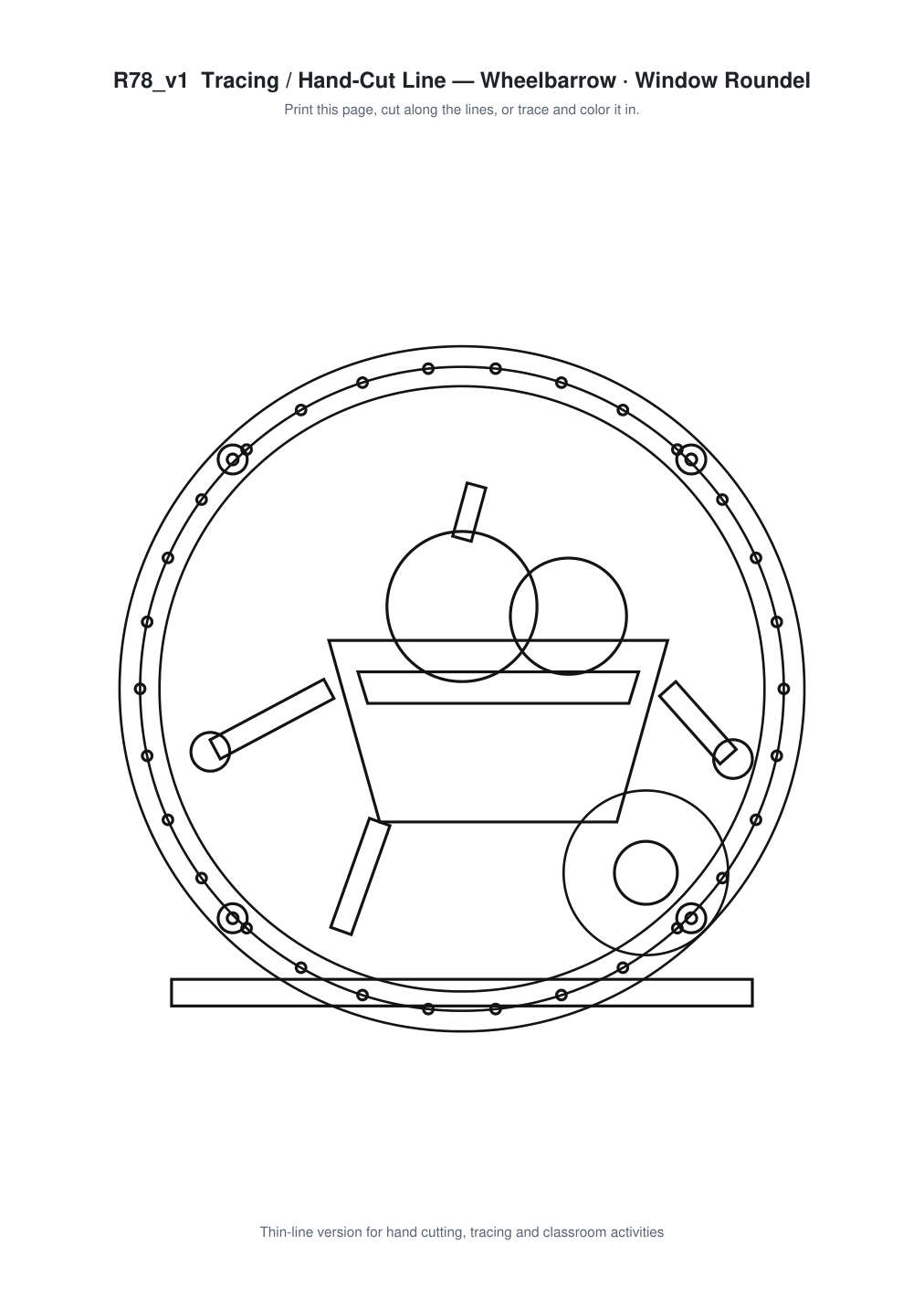 Wheelbarrow Window Roundel Paper Cut - Free SVG + PDF Pack - line art