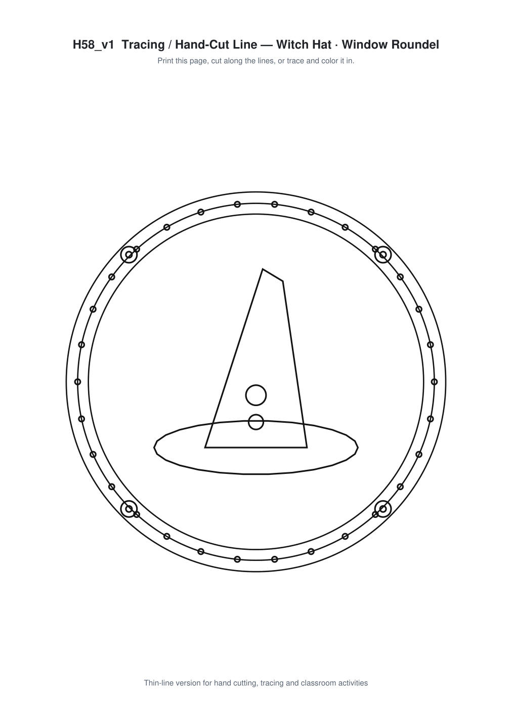 Witch Hat Window Roundel Paper Cut - Free SVG + PDF Pack - line art