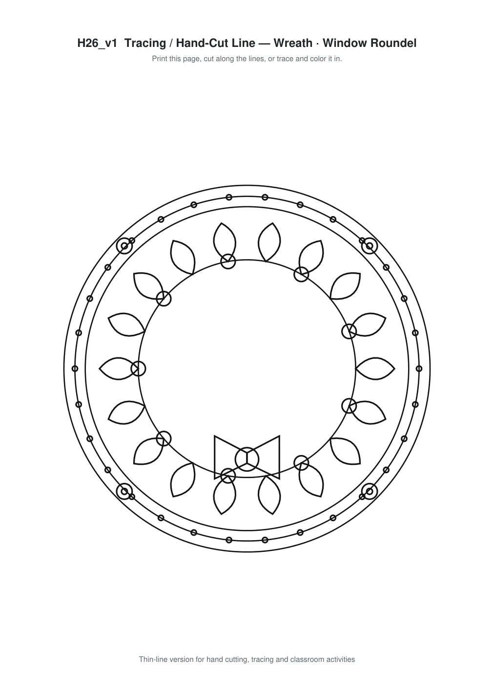 Wreath Window Roundel Paper Cut - Free SVG + PDF Pack - line art